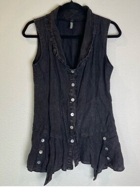 INIZIO Top/Vest Size Small Black 100% Linen Button Down Lagenlook Artsy Bohemian